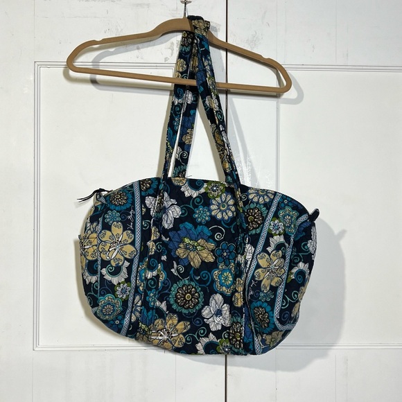 Vera Bradley Large Duffel Weekender Bag Bayou Print Blue Yellow Floral Travel - Picture 1 of 9